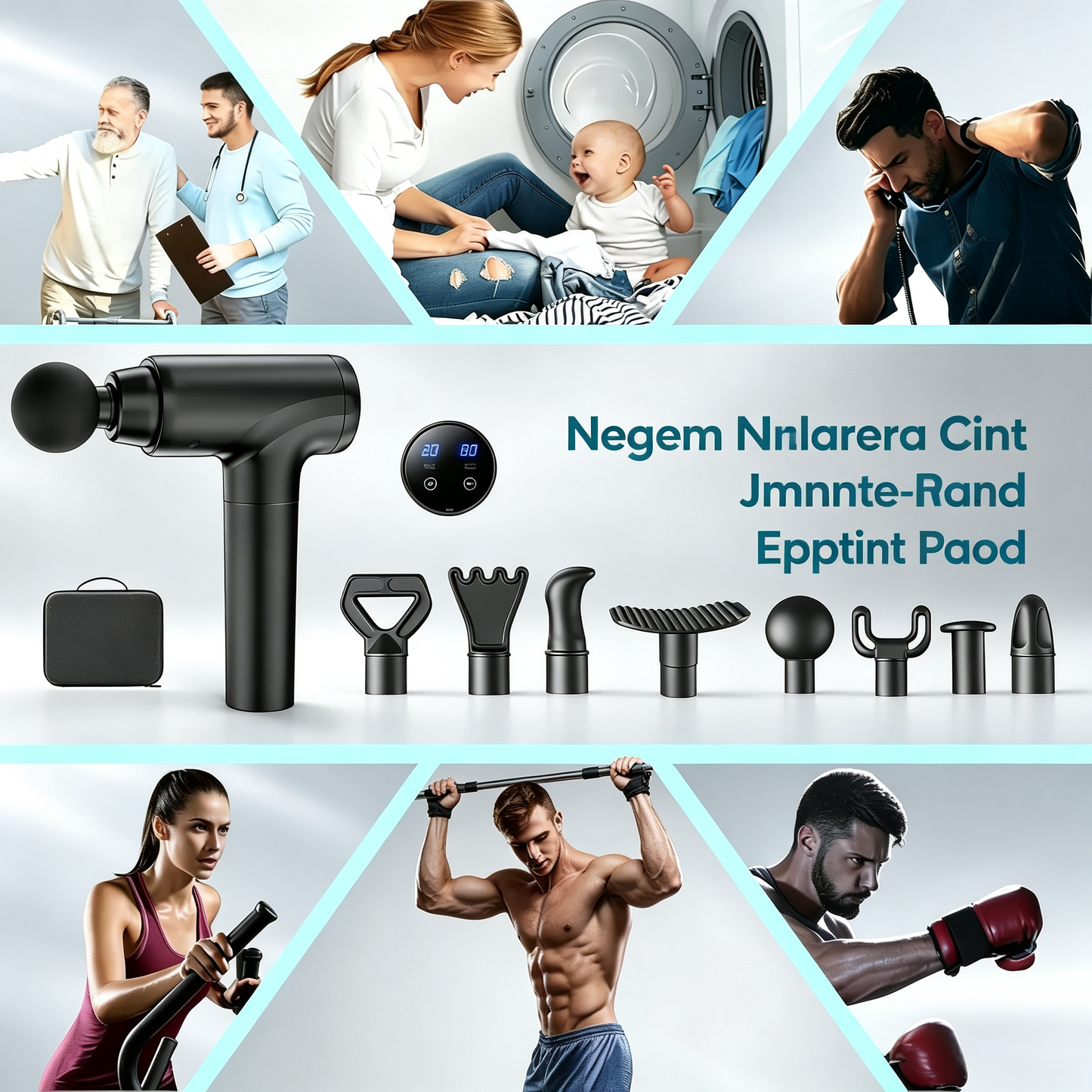 Deep Tissue Massage Gun for Athletes - Quiet Percussion Massager, 10 Heads, Black